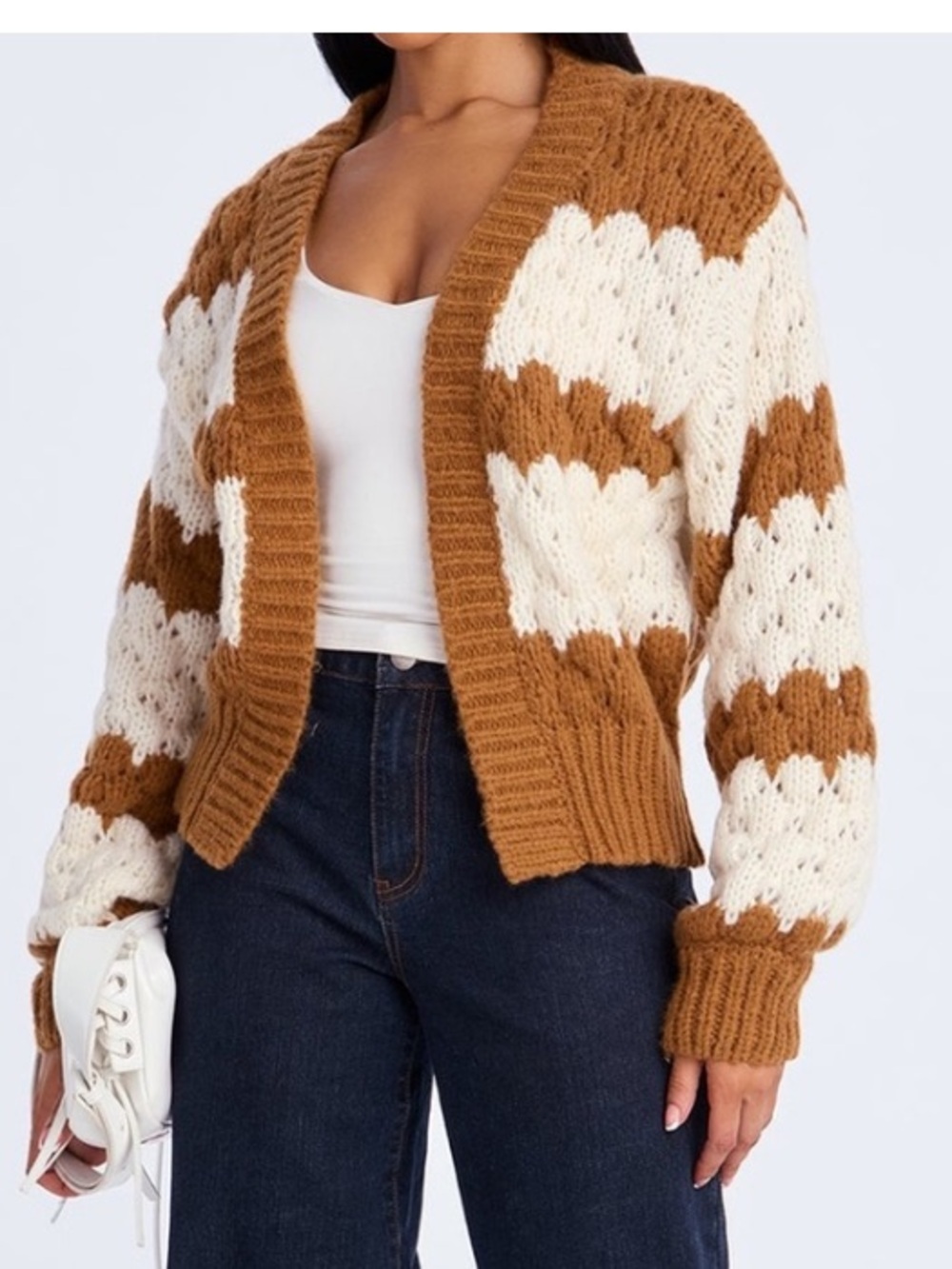 🟤NWT HYFVE Chunky Cozy Scalloped Striped Open Front Cardigan in Brown/Ivory